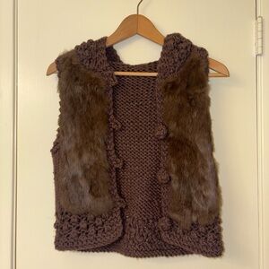 Chocolate Brown Knit Hooded Vest with Rabbit Fur Panels